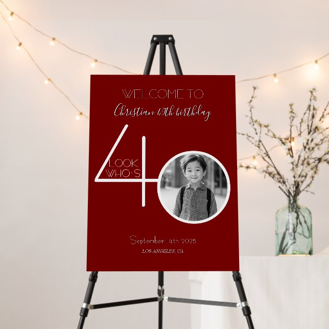 Red and White Custom Photo 40th Birthday Welcome Foam Board (In Situ (Stand))