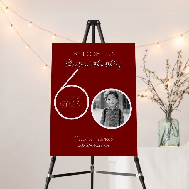 Red and White Custom Photo 60th Birthday Welcome Foam Board (In Situ (Stand))