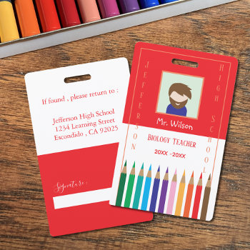 Red And White Custom Teacher Photo Id Badge by ArianeC at Zazzle