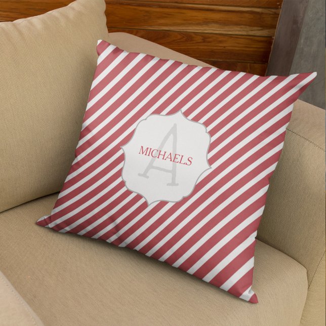 Red and White Cute Monogram Name Custom Throw Pillow (Christmas Monogram simple block style lettering.  )