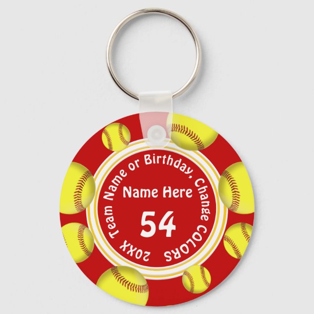 Red and White Cute Personalized Softball Souvenirs Keychain (Front)