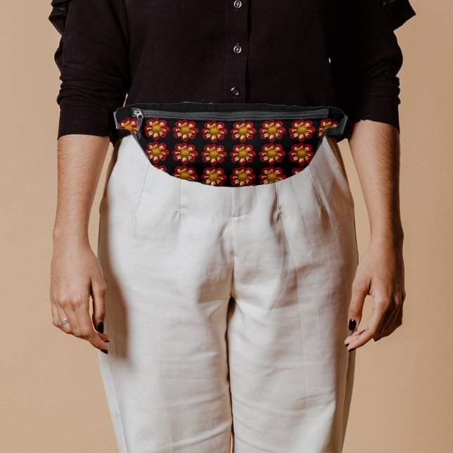 Red and White Dahlia Floral Pattern on Black Fanny Pack (In Situ)