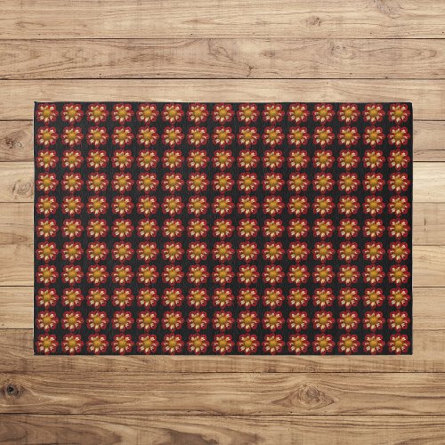 Red and White Dahlia Floral Pattern on Black Outdoor Rug