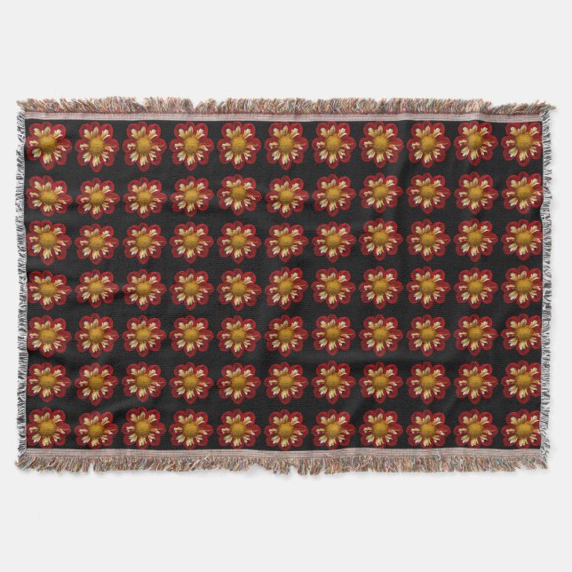 Red and White Dahlia Floral Pattern on Black Throw Blanket (Front)