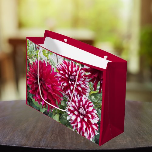 Red and White Dahlias Floral Large Gift Bag