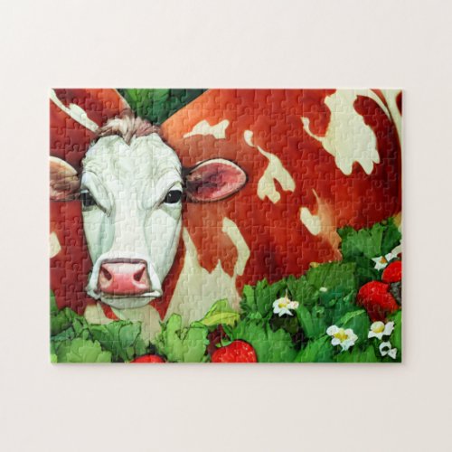Red and White Dairy Cow in a Strawberry Patch  Jigsaw Puzzle