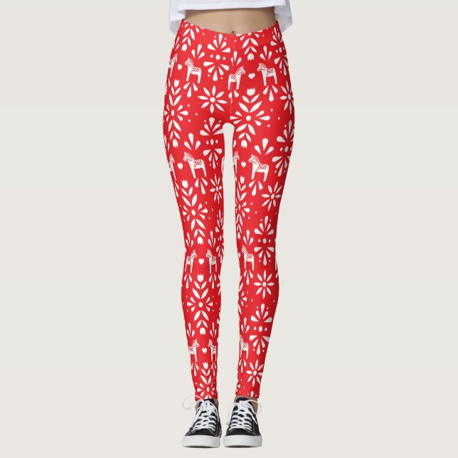 Red and White Dala Horse Folk Art Pattern Leggings (Front)
