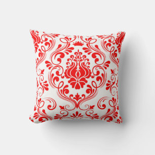 Red and White Damask Floral Pattern Elegant Throw Pillow