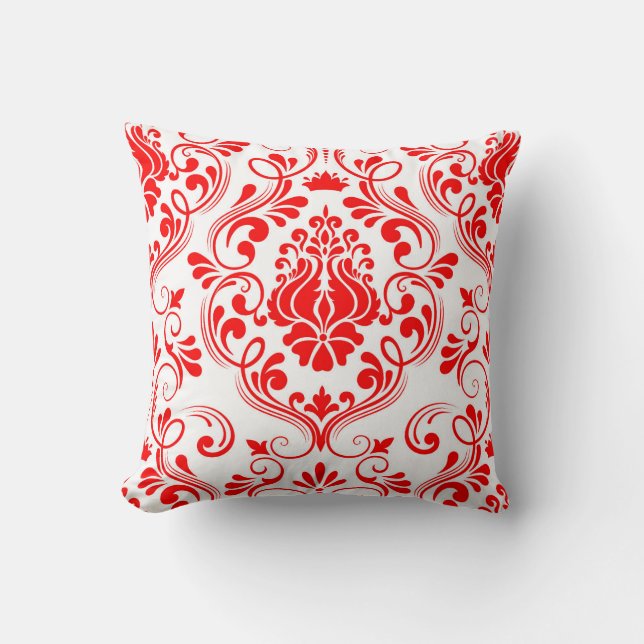 Red and White Damask Floral Pattern Elegant Throw Pillow (Front)