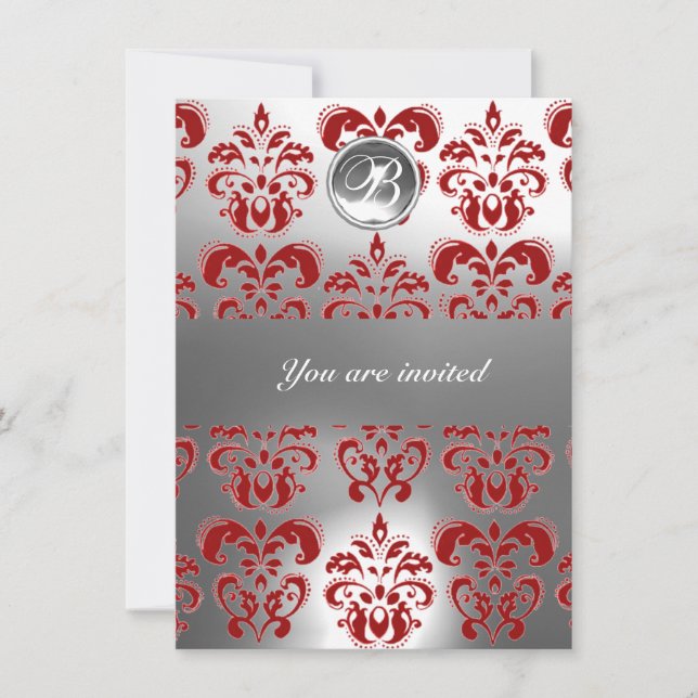 RED  AND WHITE DAMASK GEM STONE MONOGRAM INVITATION (Front)
