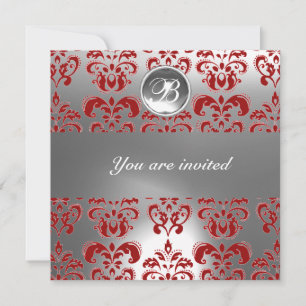 RED AND WHITE DAMASK GEM STONE MONOGRAM INVITATION