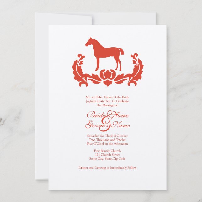 Red and White Damask Horse Wedding Invitation (Front)