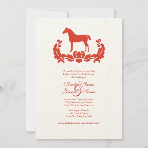Red and White Damask Horse Wedding Invitation