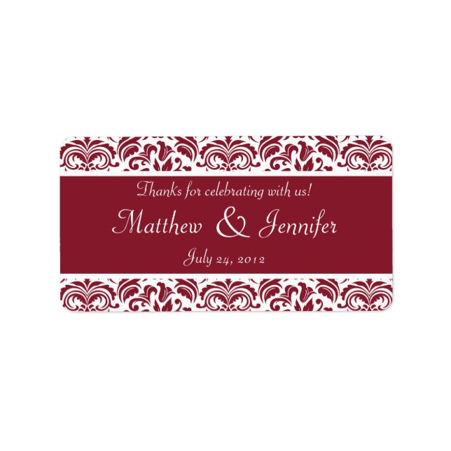 Red and White Damask Wedding Favor Labels (Front)