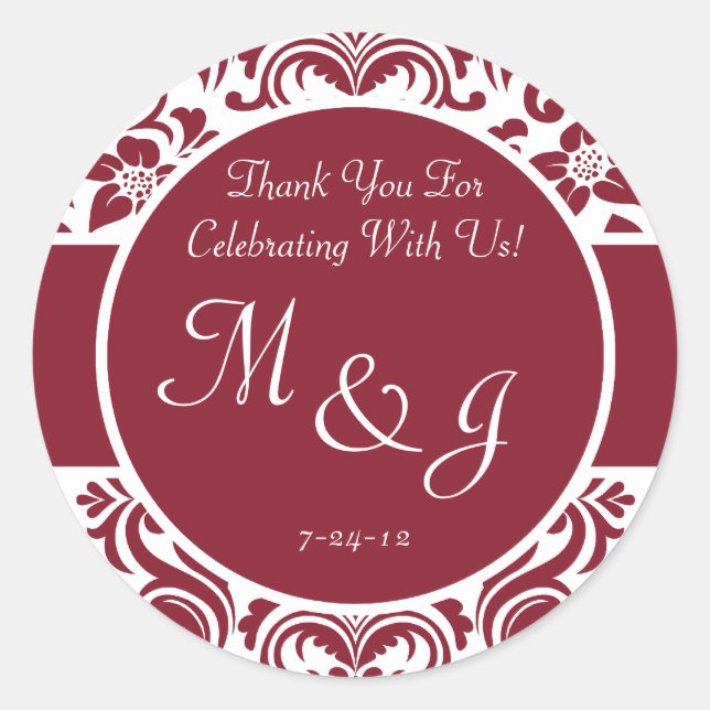 Red and White Damask Wedding Favor Labels (Front)