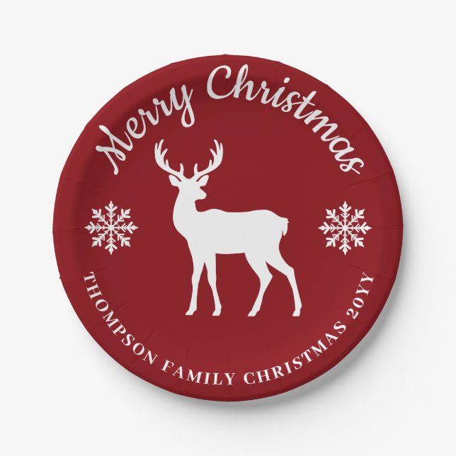 Red And White Deer And Snowflakes Christmas Party Paper Plates (Front)