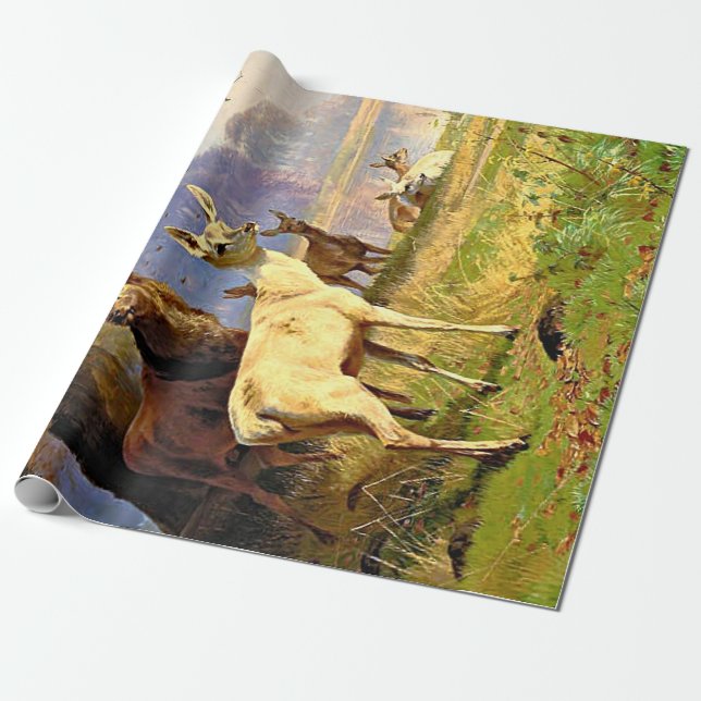 Red And White Deer Near A Forest Pond Decoupage  Wrapping Paper (Unrolled)