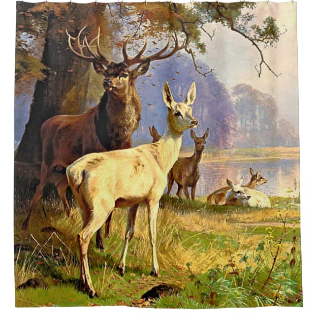 Red And White Deer Near A Forest Pond  Shower Curtain (Front)