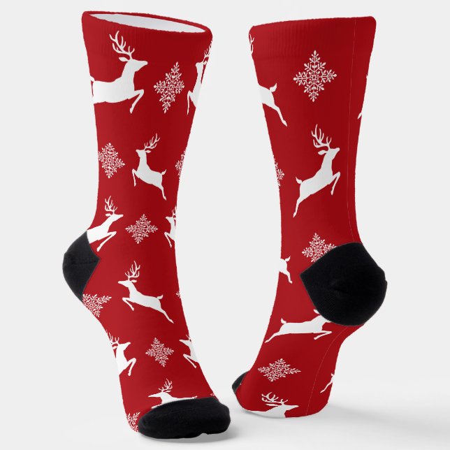Red And White Deers & Snowflakes Christmas Pattern Socks (Angled)