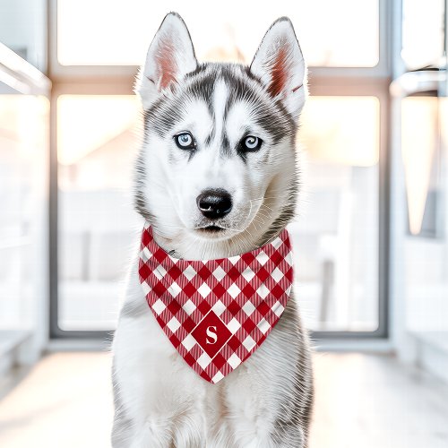 Red And White Diagonal Buffalo Plaid Monogram Pet Bandana Collar