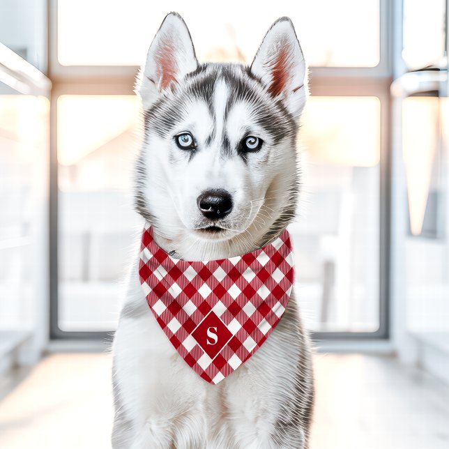 Red And White Diagonal Buffalo Plaid Monogram Pet Bandana Collar (Creator Uploaded)