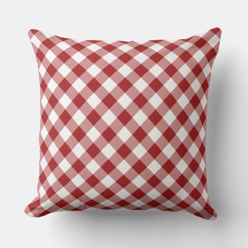 Red and White Diagonal Checked Plaid Outdoor Pillow