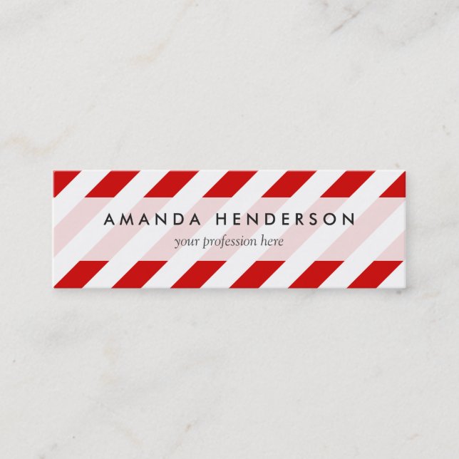 Red and White Diagonal Stripes Pattern Mini Business Card (Front)