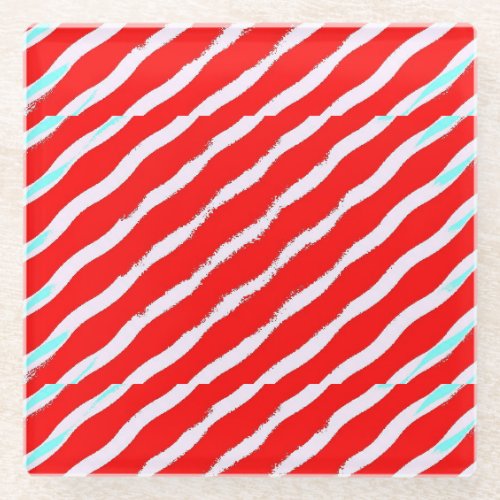 Red and white diagonal wavy stripe glass coaster