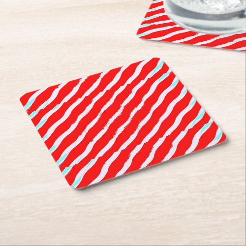 Red and white diagonal wavy stripe square paper coaster