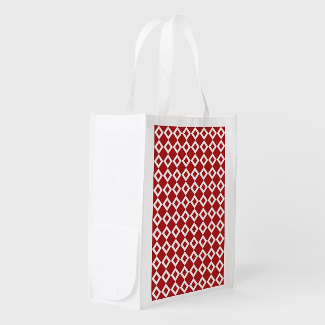 Red and White Diamond Pattern Reusable Grocery Bag (Front Side)