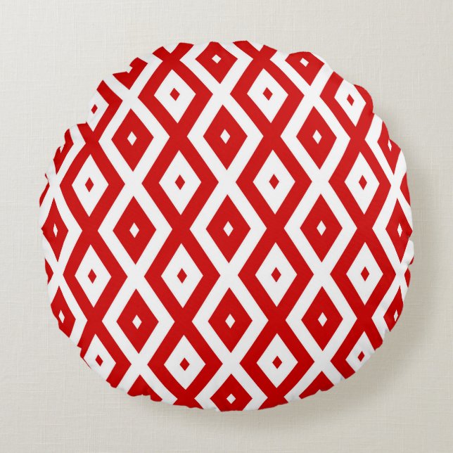 Red and white diamond pattern round pillow (Front)