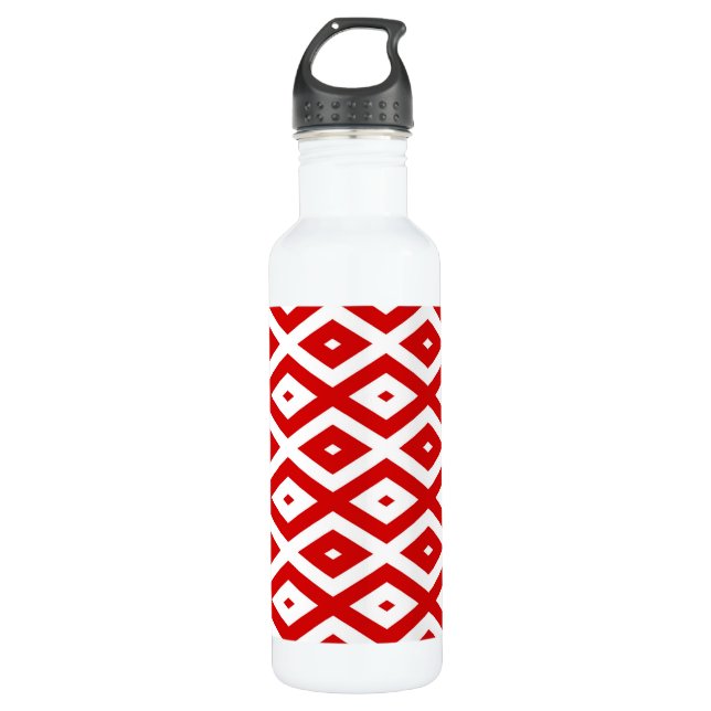 Red and white diamond pattern stainless steel water bottle (Front)