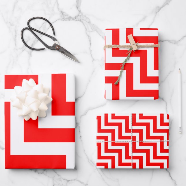 Red and White Different Sizes Diagonal Chevron Wrapping Paper Sheets (Front)