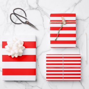 Red and White Different Sizes Horizontal Stripes Wrapping Paper Sheets