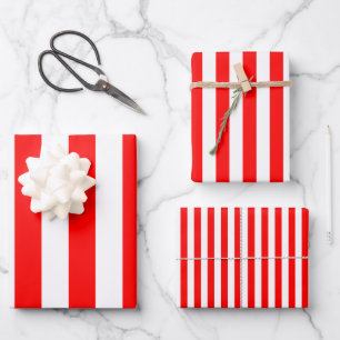 Red and White Different Sizes Vertical Stripes Wrapping Paper Sheets