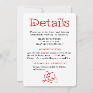 Red And White Directions / Details Wedding Love Invitation