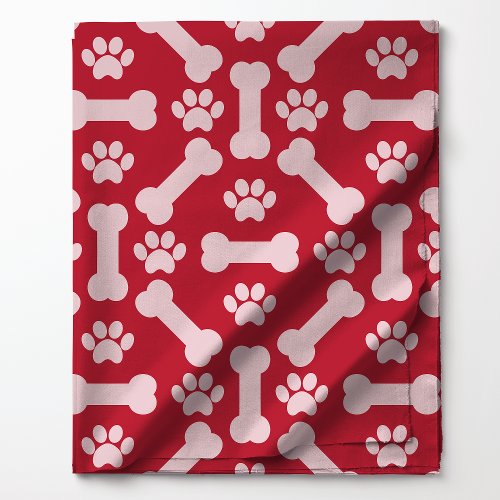 Red And White Dog Bones And Paw Prints Pattern Fabric