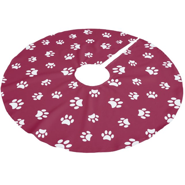 Red and White Dog Cat Paw Prints Pattern Christmas Brushed Polyester Tree Skirt (Angled)