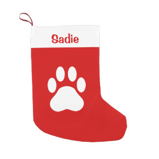 Red And White Dog Paw Silhouette With Custom Name Small Christmas Stocking
