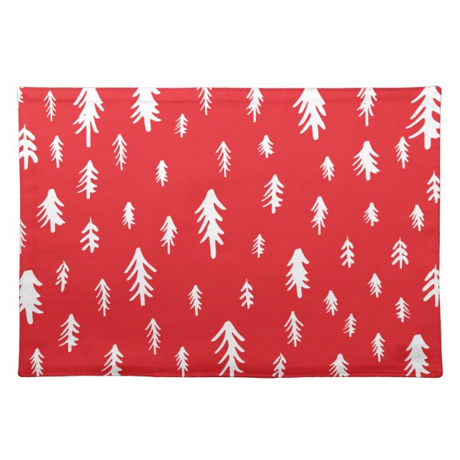 Red and White  Doodle Christmas Trees Cloth Placemat (Front)