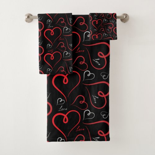 Red and White Doodle Hearts Love Script On Black  Bath Towel Set