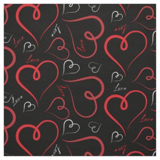 Red and White Doodle Hearts Love Script On Black Fabric