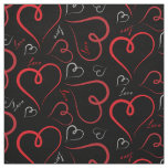 Red and White Doodle Hearts Love Script On Black Fabric