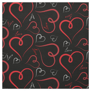 Red and White Doodle Hearts Love Script On Black Fabric