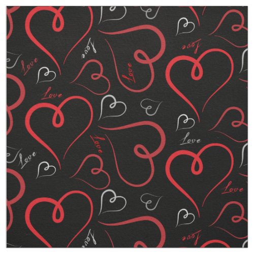 Red and White Doodle Hearts Love Script On Black Fabric