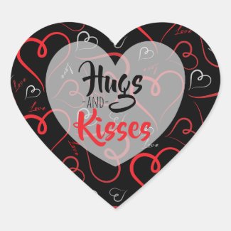 Red and White Doodle Hearts Love Script On Black Heart Sticker
