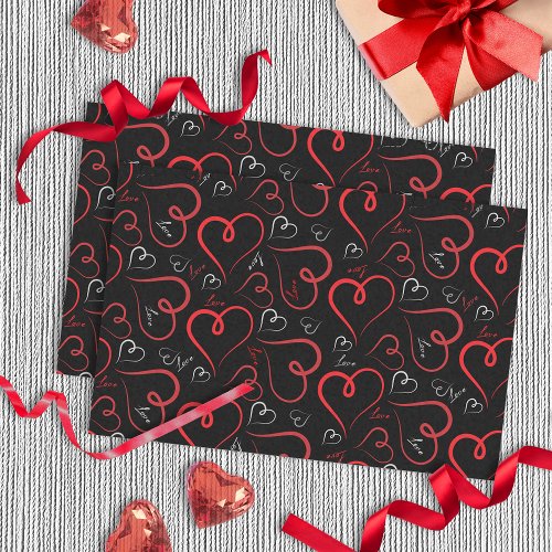 Red and White Doodle Hearts Love Script On Black  Tissue Paper
