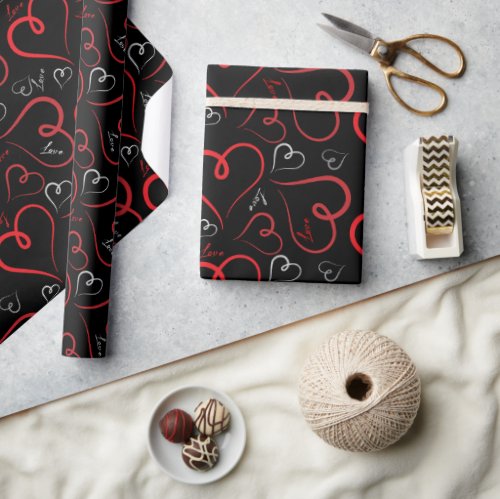 Red and White Doodle Hearts Love Script On Black Wrapping Paper