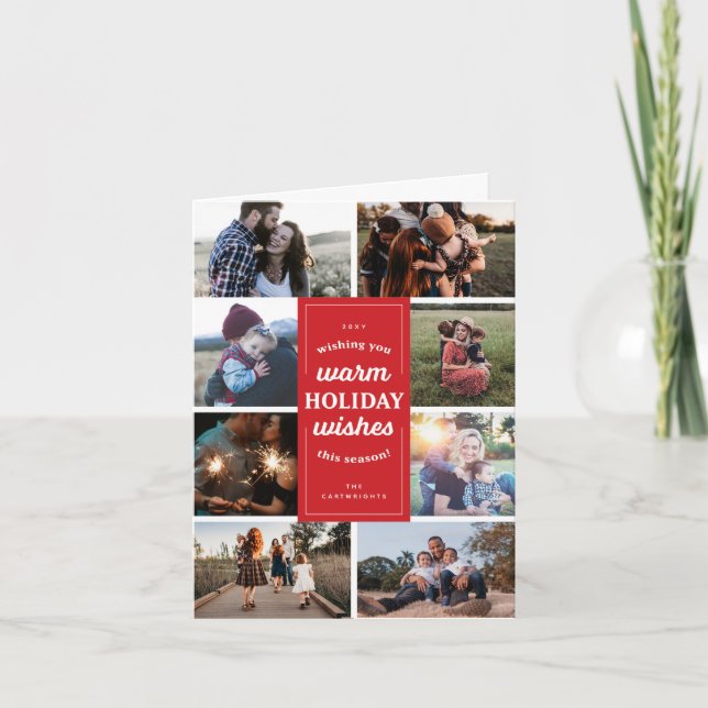 Red and White Eight Photo Warm Holiday Wishes Card (Front)