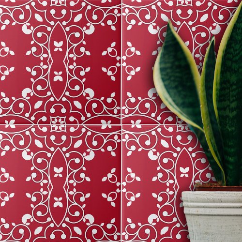 Red and White Elegant Classic Baroque Pattern Ceramic Tile